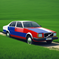 I need a prompt for a neural network to create an image of a Volvo sedan with the Russian flag among a green field.